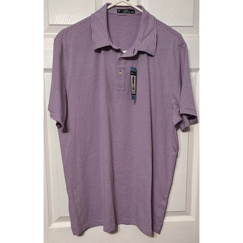 Members Mark Mens Striped Cotton Polo Shirt Violet‎ White Large NWT Short Sleeve
